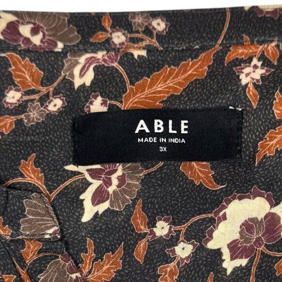 ABLE Boho Floral Top Blouse Sz.3XL Brown 100% Cotton Puff Sleeve Career Cottage - Picture 8 of 15